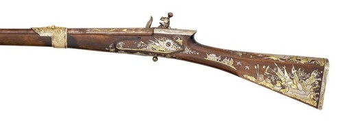 Miquelet rifle with Spanish style gold and silver decor, Ottoman Empire, dated 1236 A.H. (1821).from