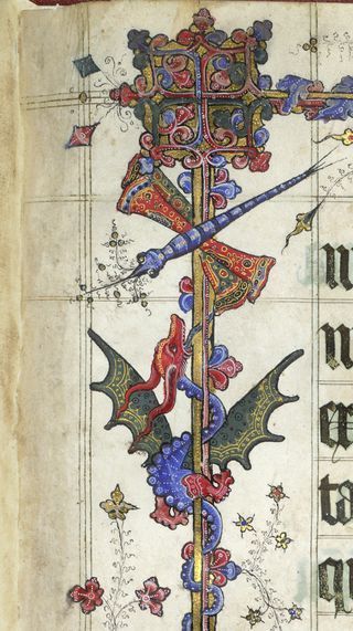 Detail of a marginal dragonfly and dragon, from the Lovell Lectionary, England (probably Glastonbury