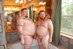 inkedfatboy:  proggybear:  stockycubboy:  Well the one on the right has a cock n a half  Matison is a VERY blessed bear - what a monster cock!  Hot 