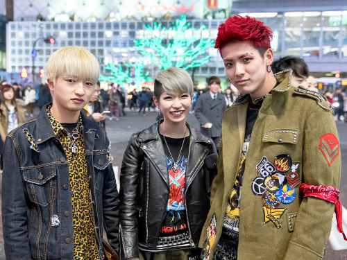tokyo-fashion:Ryoki, Tae, and Natsuki wearing punk-inspired styles on the street in Shibuya, Tokyo. 
