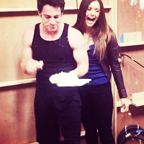 psychoticblood:1. anniewersching: Bob n Weave @michael_trevino Bob n Weave! #TVD #bts #CakeintheFace