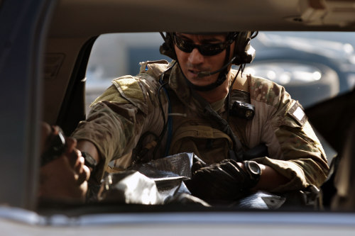 militaryarmament:  Pararescue Jumpers and Combat Rescue Officers from the 920th Rescue Wing react to a simulated IED explosion at the Guardian Center in Perry, Georgia on March 10, 2015. During this scenario, the PJ’s were delivered via HH-60 Pavehawks