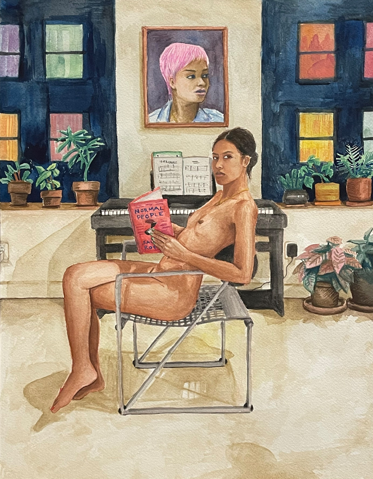 Tawny At Home Reading Normal People. 2022. Watercolor on archival paper.