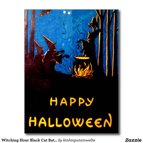 Witching Hour Black Cat Bat Cauldron Postcard - $1.10 Made by Zazzle Paper Vintage Halloween print h