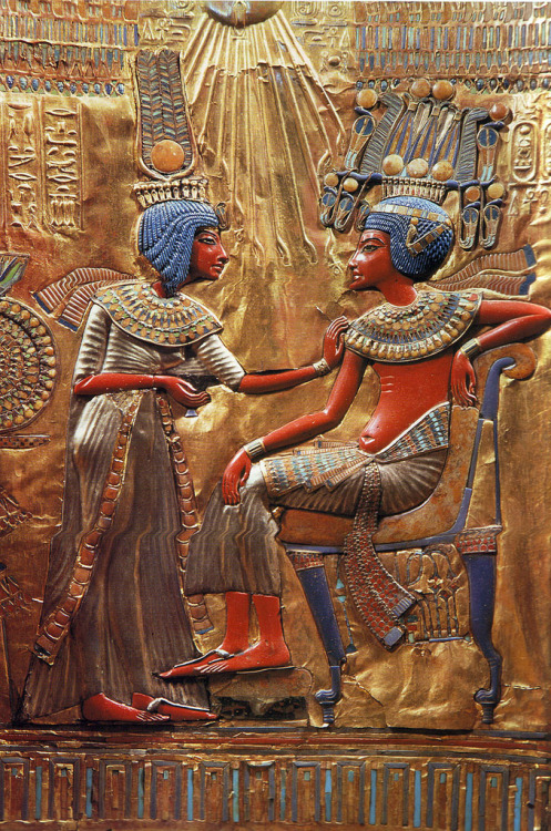 Image on the golden throne of Tutankhamun showing the Pharaoh with his wife Ankhesenamun, dated to c