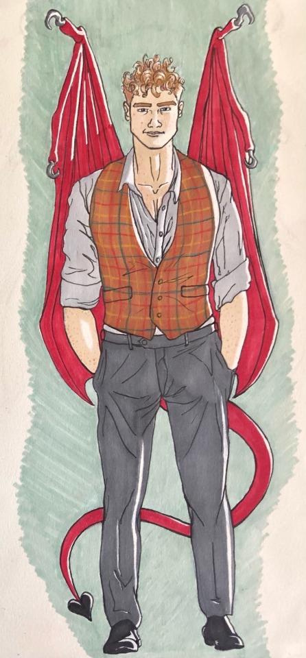 an ink and marker illustration of simon snow: he wears a light grey shirt, unbuttoned to his pecs, sleeves rolled up to his elbows, a toffee coloured plaid waistcoat, dark grey trousers, and shiny black dress shoes; he has his hands in his pockets, wings casually folded behind him but tail lashing, a confident smile on his face
