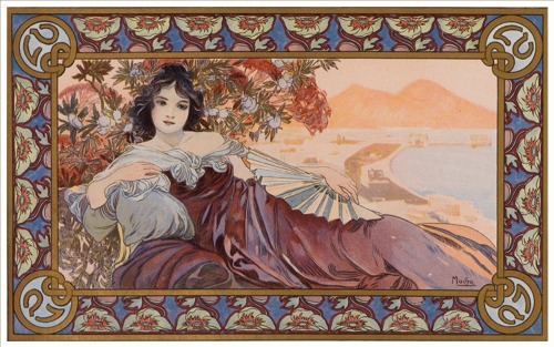 Lefèvre-Utile. Biscuits.Couvercle de boîte/Cover box.24.1 x 42.9 cm.Art by Alfons Mucha.(1860-1939).