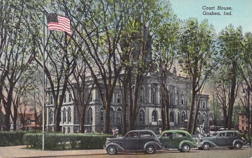 Postcard: Court House, Goshen, Indiana, 1950s.There is no further information on the back of the car