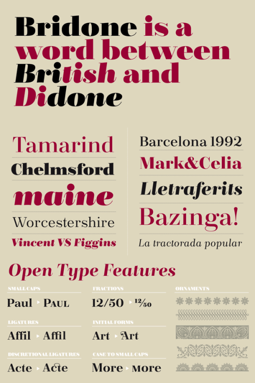 Bridone - The Symbiosis Between British and Didone Typeface Design The name Bridone is composed of British and Didone. Josep Patau Bellart designed the Bridone font family in 2013 (Font Publisher: Tipo Pèpel).
Buy the Bridone font family on...