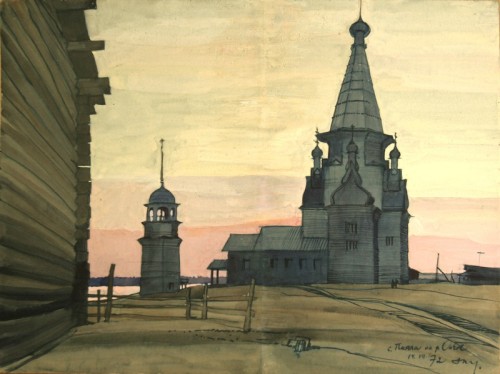 russian-style:Views of the Russian North by Yuri Ushakov, 1960s. The wooden churches from the painti