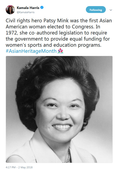 “Civil rights hero Patsy Mink was the first Asian American woman elected to Congress. In 1972, she c