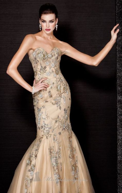 ivory-lace-and-sunlight:Jovani strapless evening dress