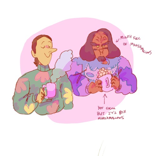bignosedlegend:Commission!Prompt:“ Data and Worf in big (ugly??) sweaters drinking hot drinks togeth