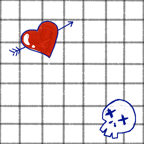 Tiled background with a square-paper background, a red heart with an arrow through it and a skull doodle