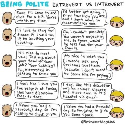 pervocracy:  introvertdear: @introvertdoodles FTW again! I appreciate that this was written with empathy for the extrovert’s point of view.(But I’m 100% the person on the right.)