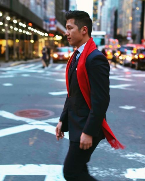 Make your scarf the centerpiece of your outfit with a pop of color! #mensweartips (at New York, New 