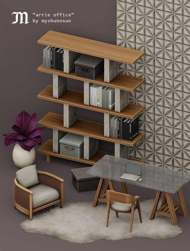 A preview of items from myshunosun's ARRIE OFFICE custom content set for The Sims 4