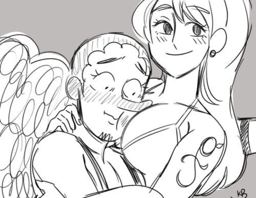 Nami hugging Usopp and pulling his face into her chest. He's staring at her boobs, looking very nervous and flustered and unsure what to do. He nose is pressed against her chest, bending it a little.