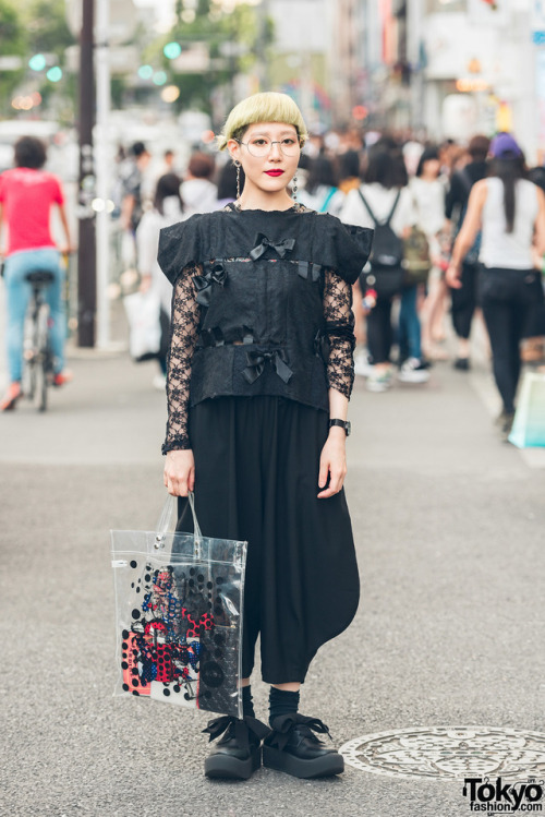 Japanese designer Shiho Tabei on the street in Harajuku wearing all black fashion by Comme Des Garco