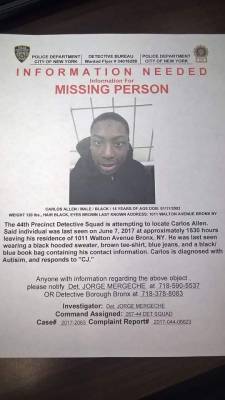 pumpkinspicepunani:  My cousin has been missing since yesterday.  His name is Carlos Allen but he reponds to CJ. He was last sighted on 167th street near Walton Ave in The Bronx and has been diagnosed with autism. Please reblog this especially if you