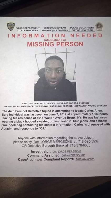 pumpkinspicepunani:  My cousin has been missing since yesterday.  His name is Carlos Allen but he reponds to CJ. He was last sighted on 167th street near Walton Ave in The Bronx and has been diagnosed with autism. Please reblog this especially if you