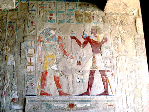 Sokaris receiving gifts from Thutmose III in Anubis temple, Hatshepsut temple, Deir el-Bahari