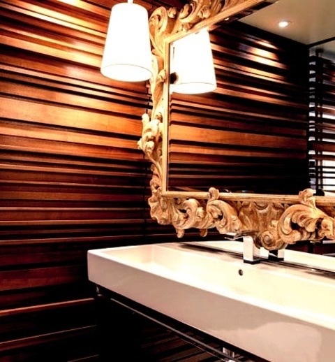 Bathroom IndianapolisSmall Trendy Travertine Floor Powder Room Photo With Wood Countertops, A Two-piece