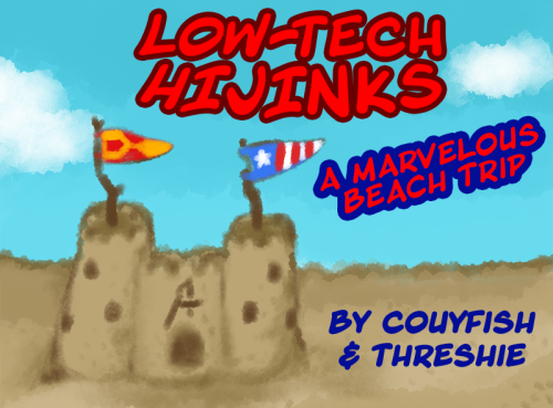 Cover art for @beingcouy’s and my domestic/meddling matchmaker Avengers fic, Low-Tech Hijinks! ♥ Whe