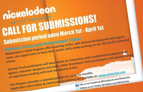 otakusiren:nickanimationstudio:Calling all ARTISTS!We’re officially accepting submissions for the Nickelodeon Artist Program from now until April 1st, 2015.  NAP participants choose the General or Storyboard Track and get to spend up to 6 months at