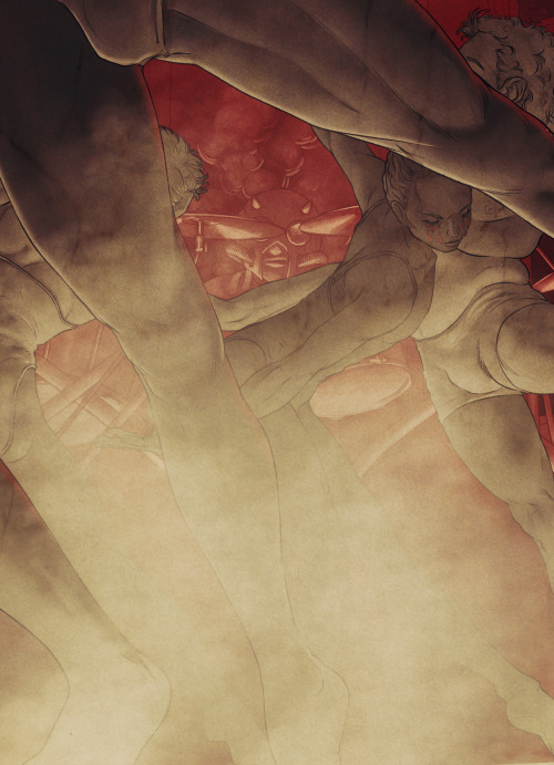 Close up on Montane, with dancers's bodies on the foreground, and lot of smoke.