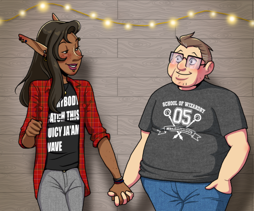 [ID: A digital fanart of Lup and Barry. Lup is a thin elven woman withmedium brown skin and long, th