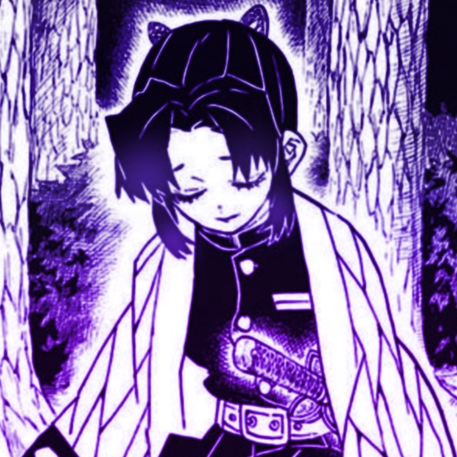 an icon of shinobu from demon slayer manga. it has a purple color overlay. she sits on the ground and extends her hands downward. she looks down and has a calm expression.