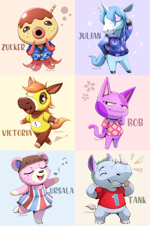 Drew some portraits of all my animal crossing villagers! :D + some group photos of them in game!