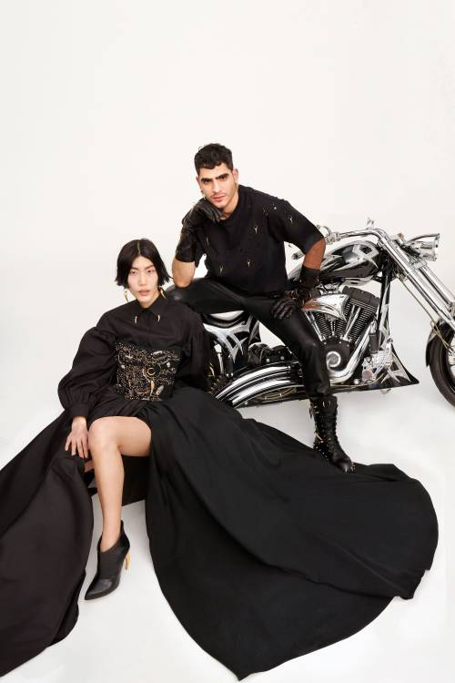 Roberto Cavalli Fall 2021 Modern AU goth power couple Geralt and Yen, complete with motorbike (the b