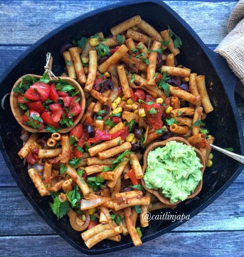 Taco Spiced Veggie Pasta served with Chunky Guacamole and Fresh Salsa ..For this dish I just caramel