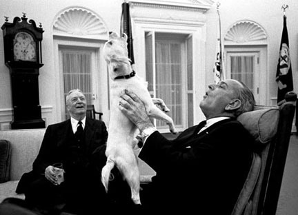 historicaltimes:  Lyndon B. Johnson howling with his dog Yuki for reporters. 1968