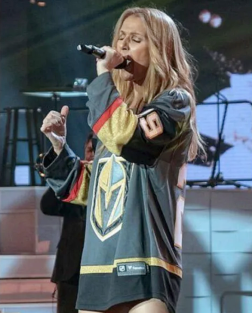 Celine Dion in a Vegas Golden Knights jersey. 