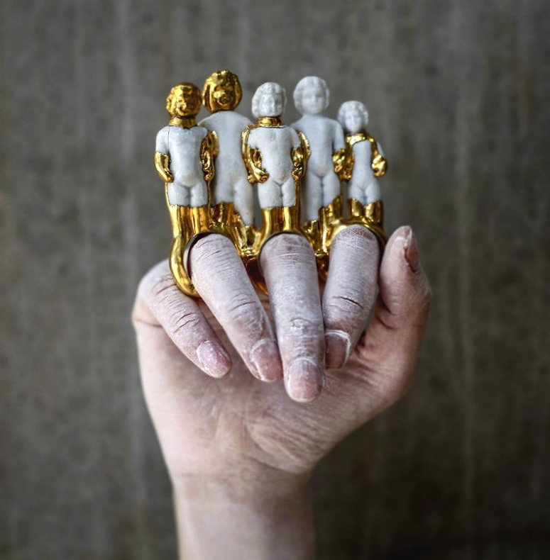 hazedolly:  Art jewellery by Qian Yang: gold-dipped salvaged antique china dolls,