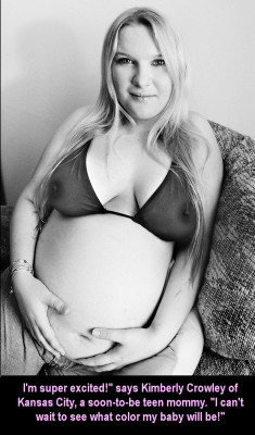 aslut4bbc:  Kimberly Ann Crowley of Kansas City, 18 and pregnant, with her lovely milky breasts showing through her sheer bra, waiting anxiously for her mystery child to be born. “It’s like closing your eyes and reaching into a bag of M&amp;Ms,”