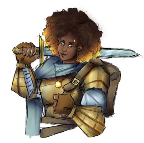 Colored sketch of an aasimar fighter I’ve been calling Gib, because the birthmark is shaped like a g