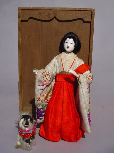 Court lady and chin dog; antique Japanese chinbiki doll made in mid Meiji period Japan, 1900-30