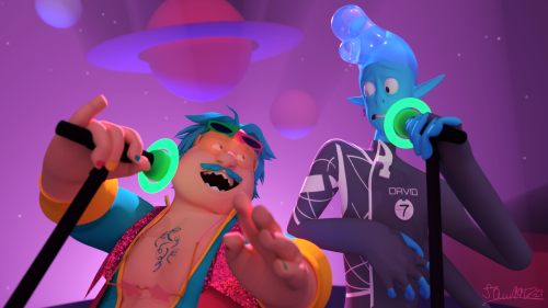  [ID: a colorful 3D render of trexel geistman and david 7 from stellar firma. trexel is a short fat 