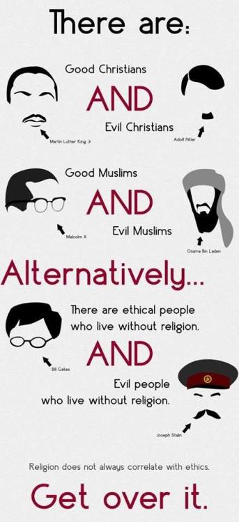 twerkingderp:  thebisexualfeminist:  This is so important I can’t even put it into words.  Not all Christians are closed minded assholes. Not all Muslims are terrorists. Not all atheists are anti-religion jerks.  THIS 