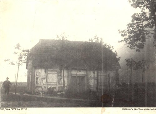 Lonely timber frame hut serving as a local shooting range,Town of Miejska Górka, (German: Gorechen),