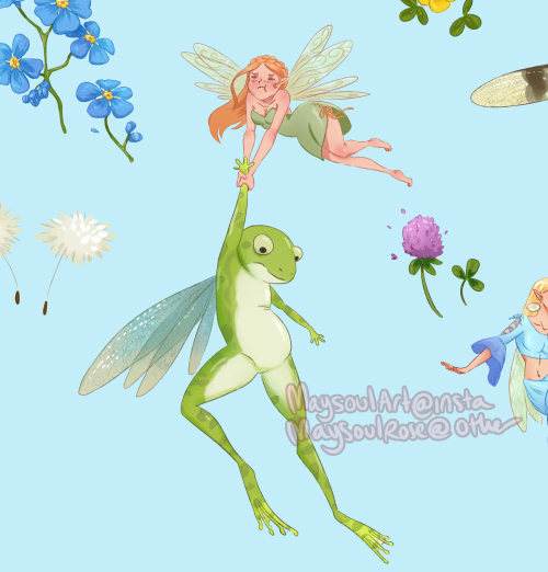 The faeries are having fun trying to teach their frog friends how to use their new wings!Repeating p