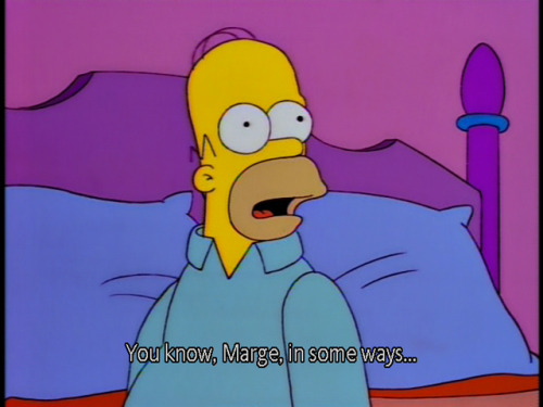 theweefreewomen:[ID: three screenshots from The Simpsons. Marge and Homer are in their bedroom in py