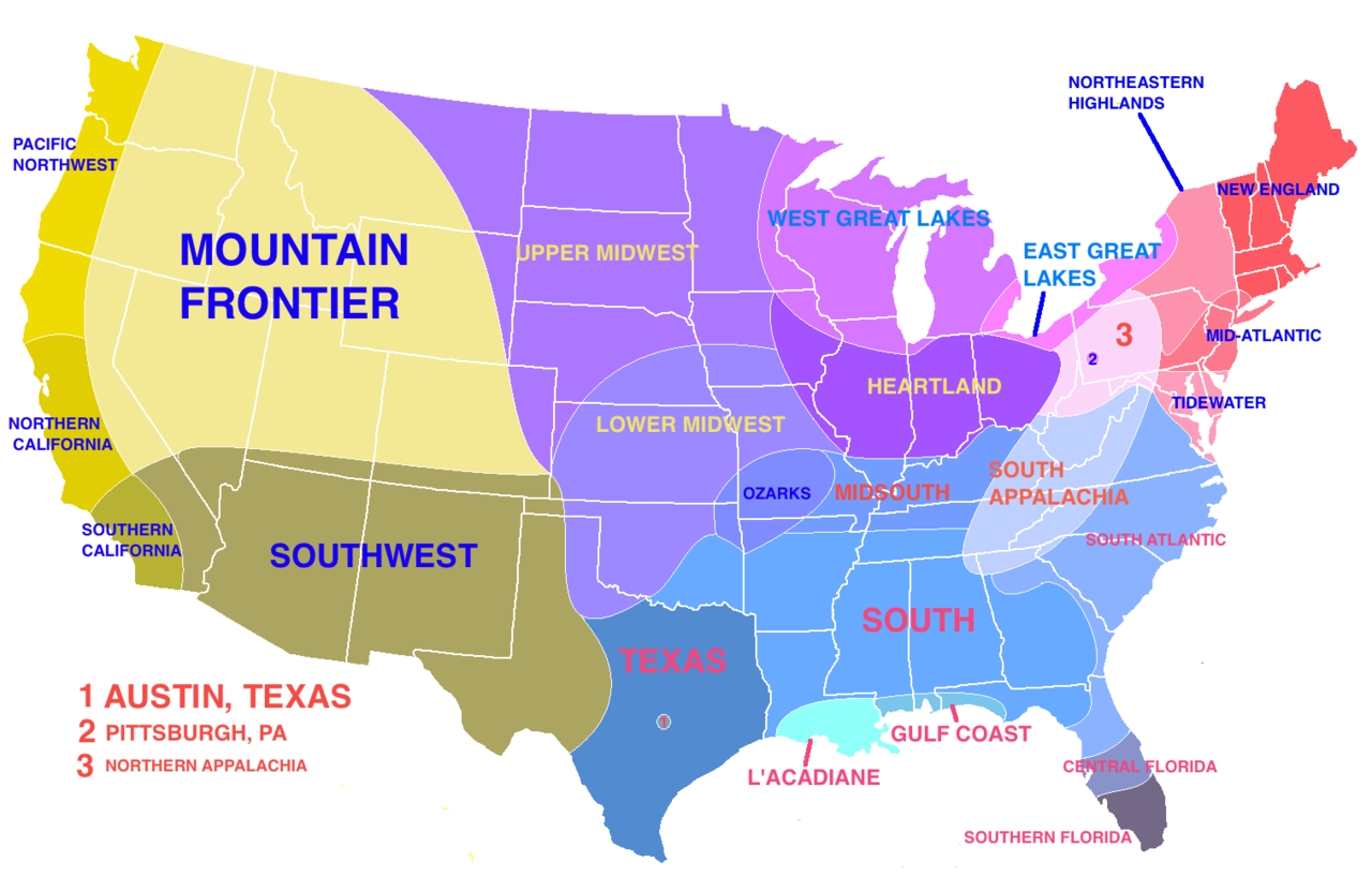 ur-gal: mapsontheweb: US divided by cultural identity. my favorite thing about CA