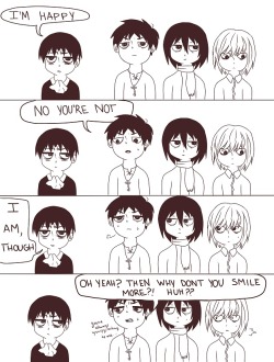 attack-on-hot-animeboys:  The truth behind why Levi doesn’t smile. Hanji you little shit