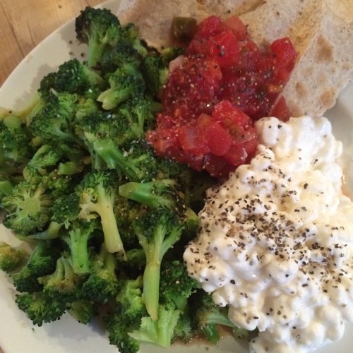 Toasted wrap, salsa, broccoli, and cottage cheese.