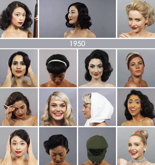 makeuphall:  All episodes of 100 Years of Beauty in 1 Minute; Episode 1: Usa Caucasian  Episode 2: Usa Africa-American  Episode 3: Iran  Episode 4: Korea  Episode 5: Mexico  Episode 6: Philippines  Episode 7: India  Episode 8: Russia  Episode 9: Italy